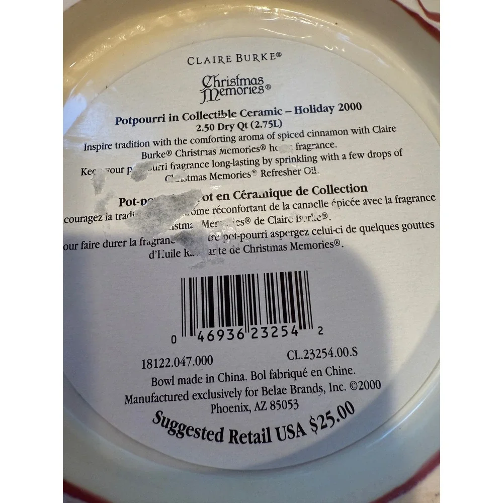Claire Burke Christmas Bowl Holiday Decor Potpourri Collectible Ceramic 10
